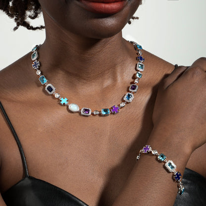 Blue Multi Gemstone Motif Necklace Set