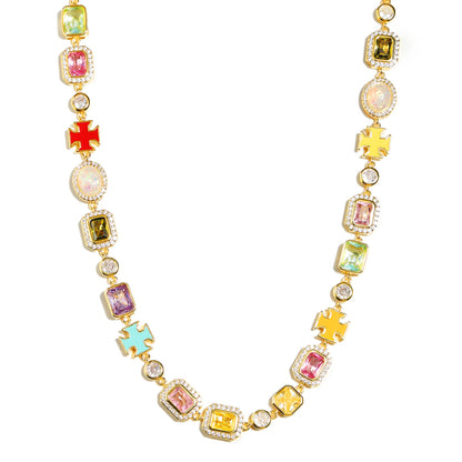 Pink Multi Gemstone Motif Necklace Set (Unisex Necklace ＆ Bracelet)