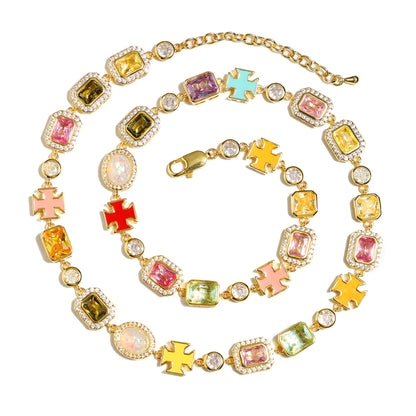 Pink Multi Gemstone Motif Necklace Set (Unisex Necklace ＆ Bracelet)