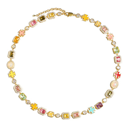 Pink Multi Gemstone Motif Necklace Set (Unisex Necklace ＆ Bracelet)
