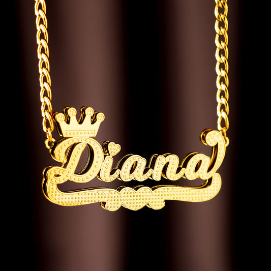 Double Plated Heart Crown Name Necklace