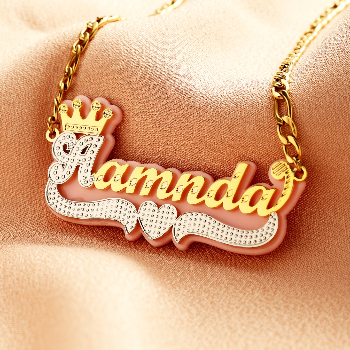 Double Plated  Heart Crown Name Necklace