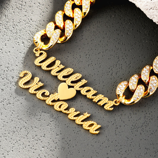 Double Name Necklace With Cuban Chain