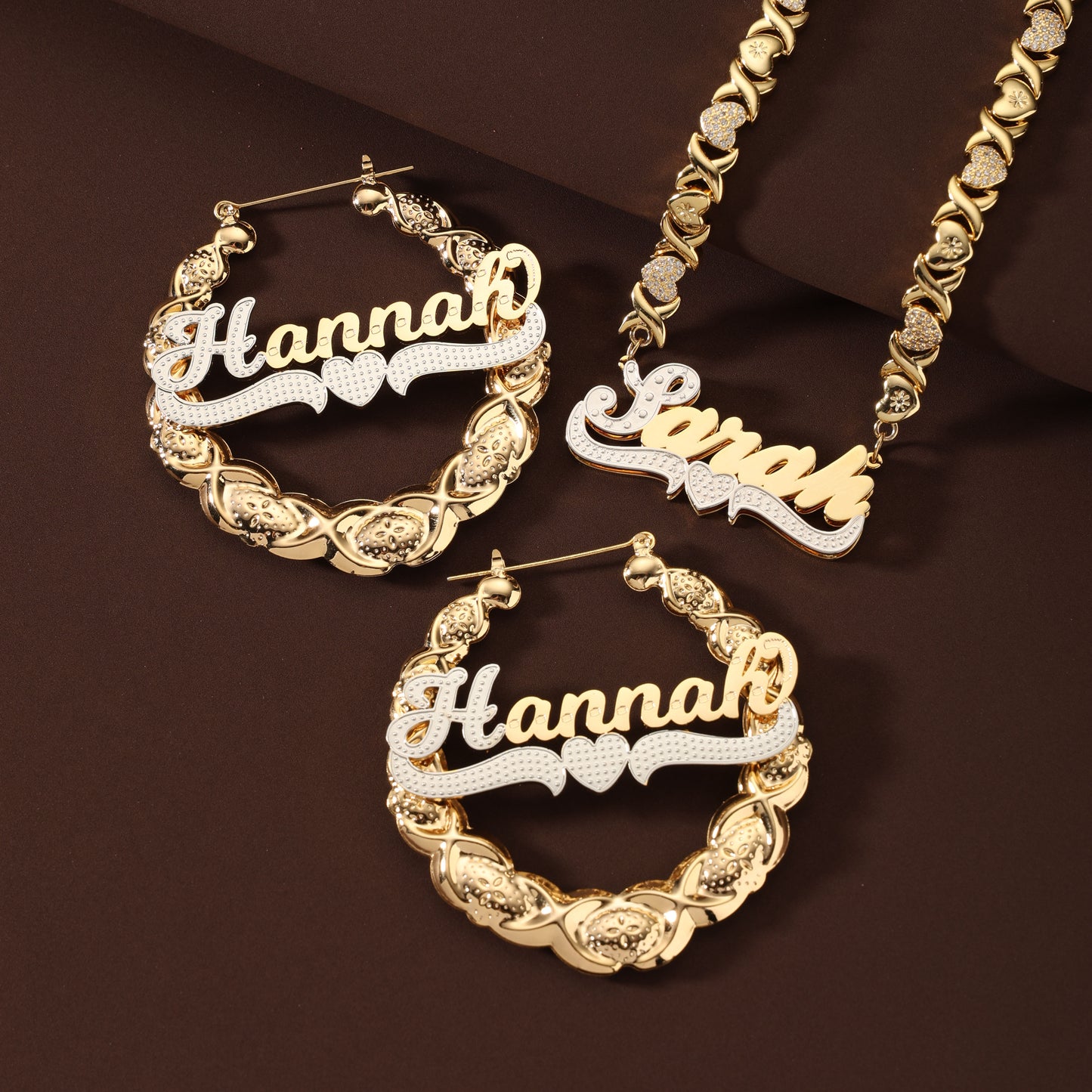 Personalized Luxury Diamond-Studded Gold Necklace and Earring Set