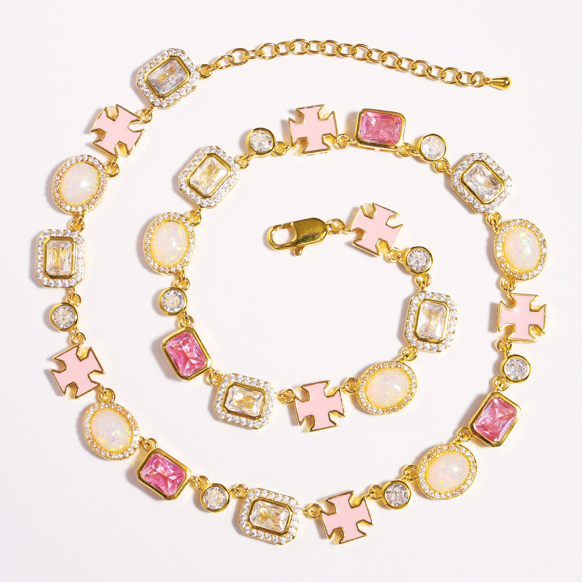 Millennial Pink Gemstone Chain Set (Unisex Necklace ＆ Bracelet)