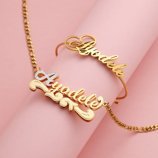Growth Chart Custom Name Necklace and Gold Bangle Kids Jewelry Set