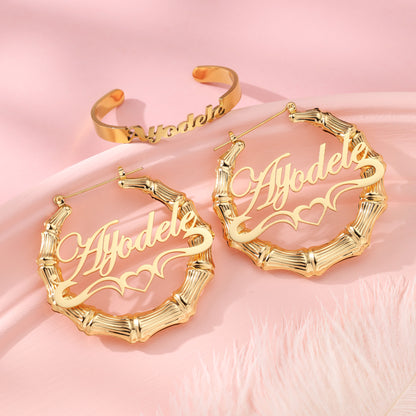 Custom Gold Name Bracelet and Heart Earrings Kids Jewelry Set