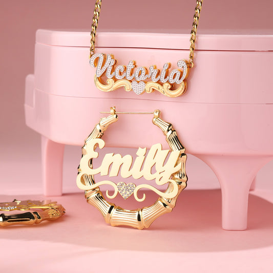 Double Plated Name Necklace and Heart Earrings  Kids Jewelry Set
