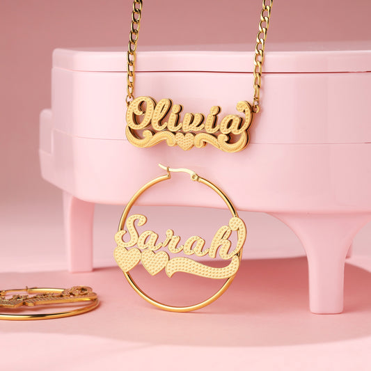 Gold Plated Kids Name Necklace and Hoop Earrings Set