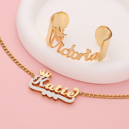 Custom Daughter Name Necklace and Gold Bangle Kids Jewelry Set