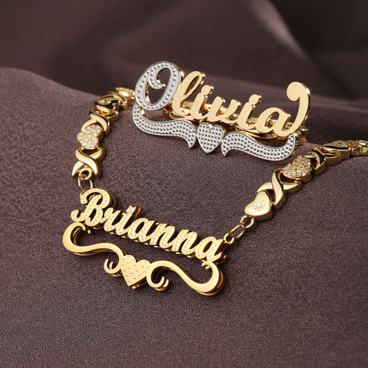 Custom Name Necklace & Double Ring Set - Heart Accent