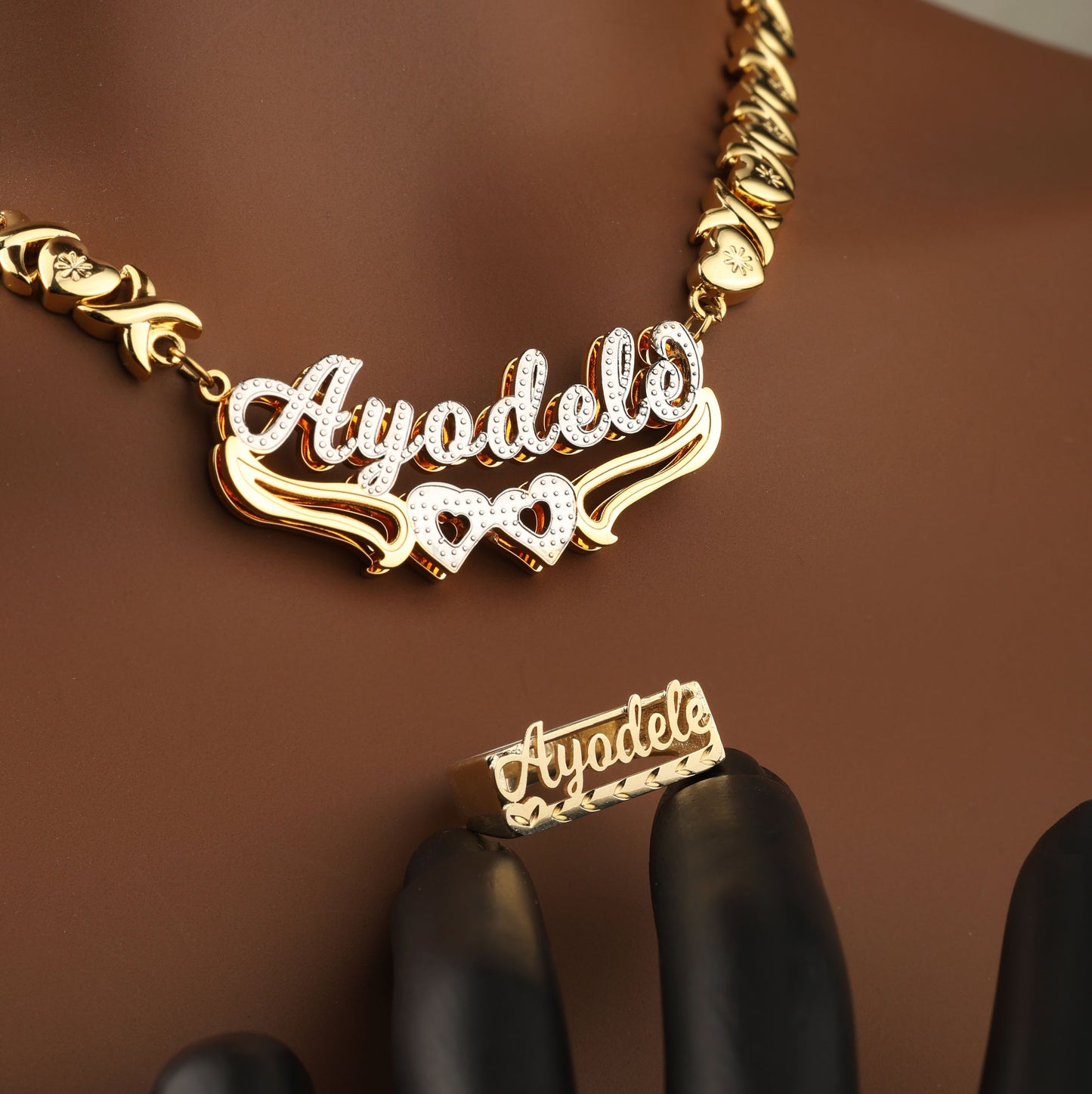 Personalized Name Necklace & Ring Set - Double Heart