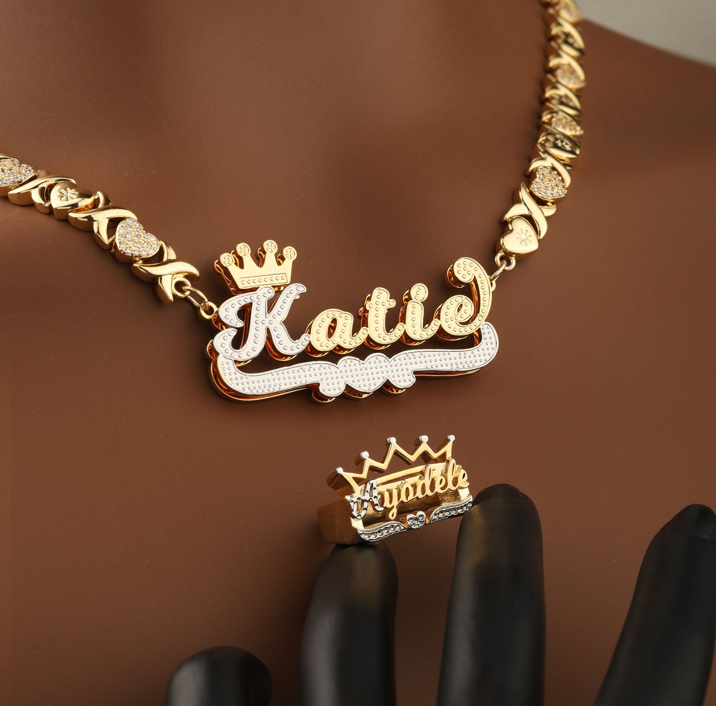 Personalized Name Necklace & Ring Set - Heart Accent