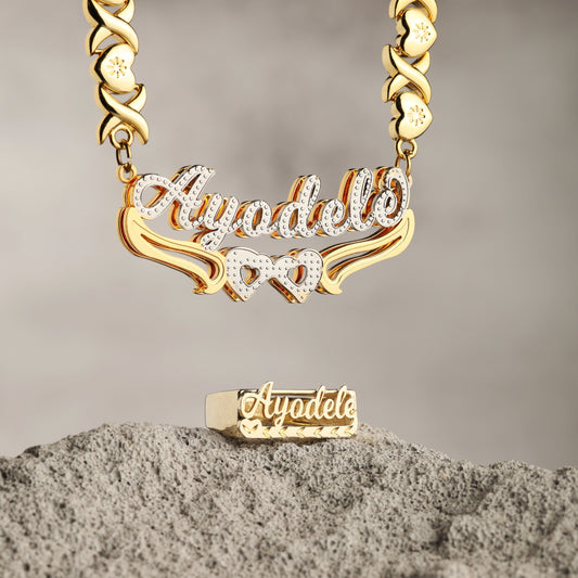 Personalized Name Necklace & Ring Set - Double Heart