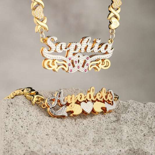 Customized name bracelet and double heart necklace set