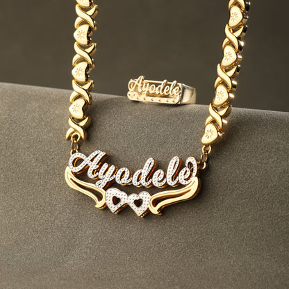 Personalized Name Necklace & Ring Set - Double Heart