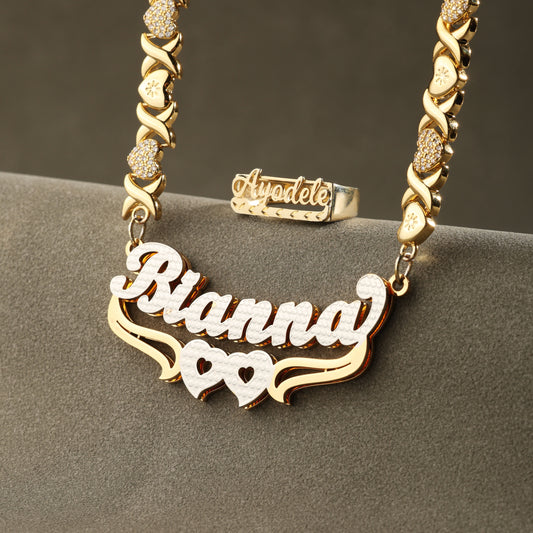 Custom Name Necklace & Single Ring Set - Double Heart