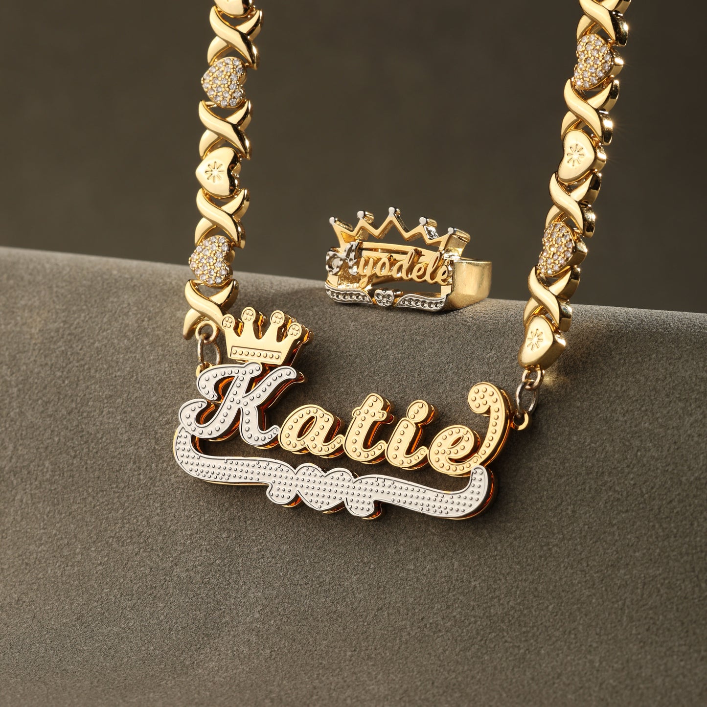 Personalized Name Necklace & Ring Set - Heart Accent