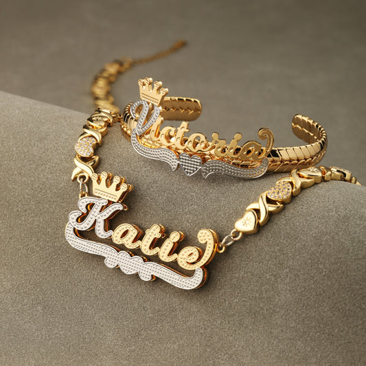 Crown Heart Custom Name Bracelet and Necklace Set