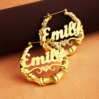 Bamboo Heart Name Hoop Earrings