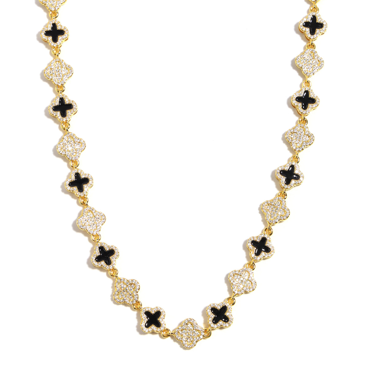 Black Enamel Clover Diamond Gemstone Necklace