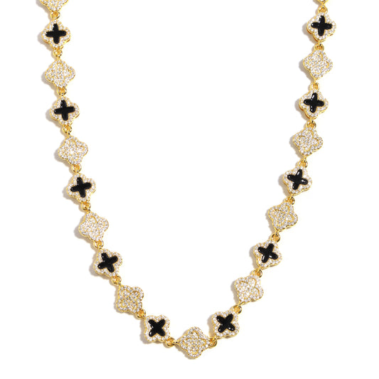 Black Enamel Clover Diamond Gemstone Necklace