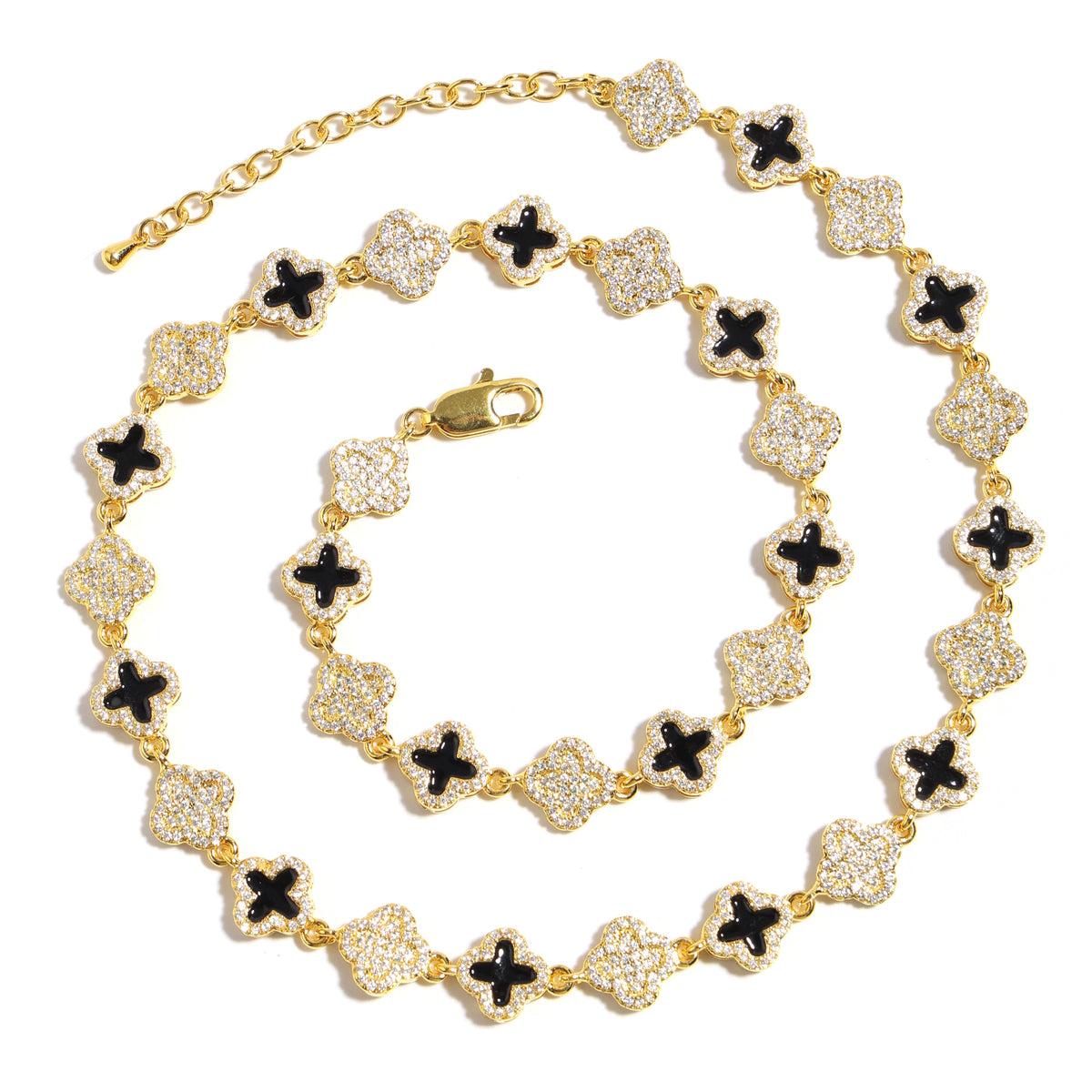 Black Enamel Clover Diamond Gemstone Necklace