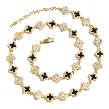 Black Enamel Clover Diamond Gemstone Necklace
