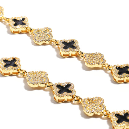 Black Enamel Clover Diamond Gemstone Necklace