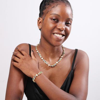Geometric Colored Gemstone Set (Necklace＆ Bracelet)