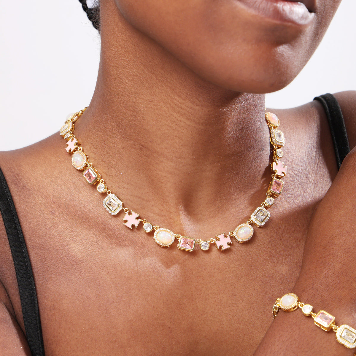 Millennial Pink Gemstone Chain Set (Unisex Necklace ＆ Bracelet)
