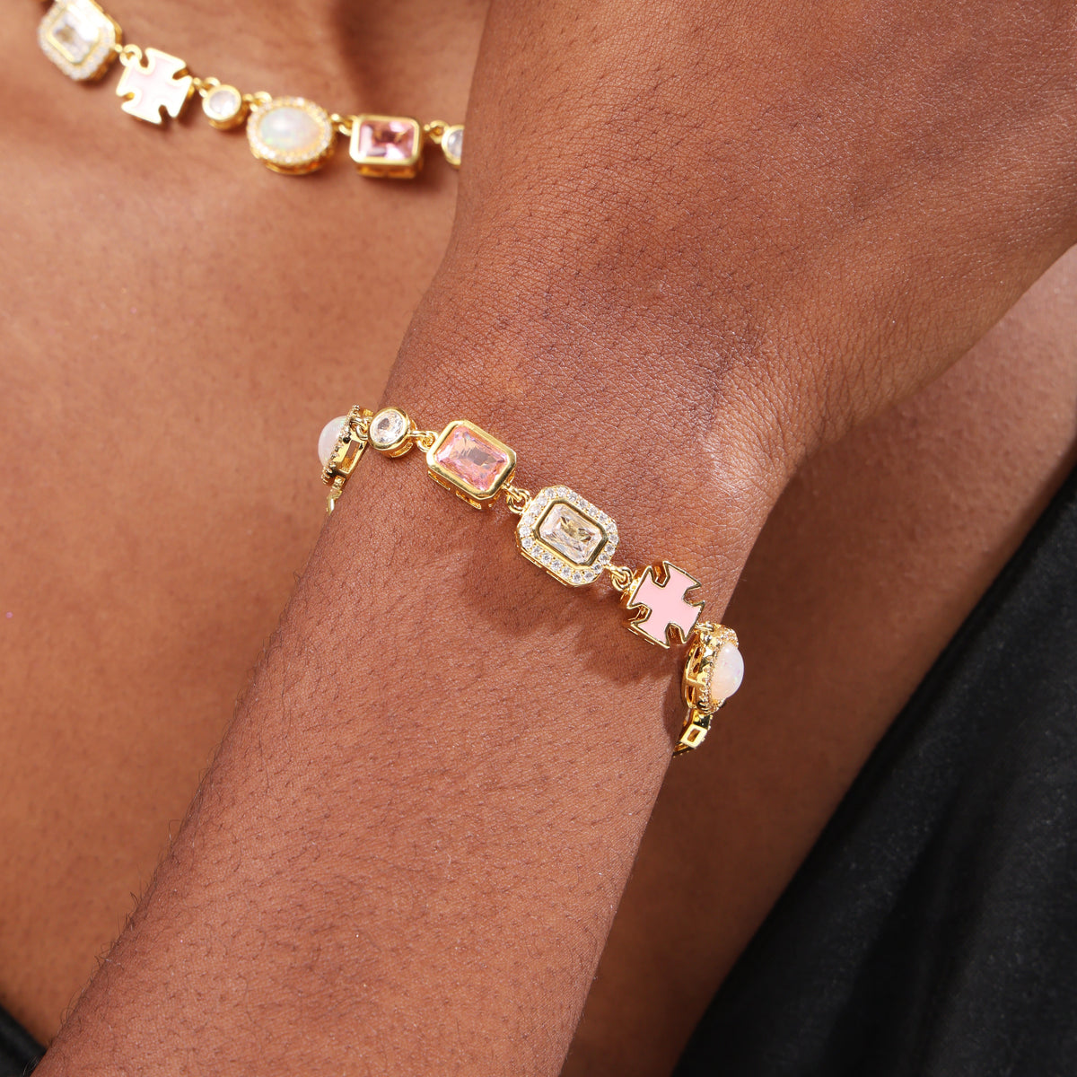 Millennial Pink Gemstone Chain Set (Unisex Necklace ＆ Bracelet)