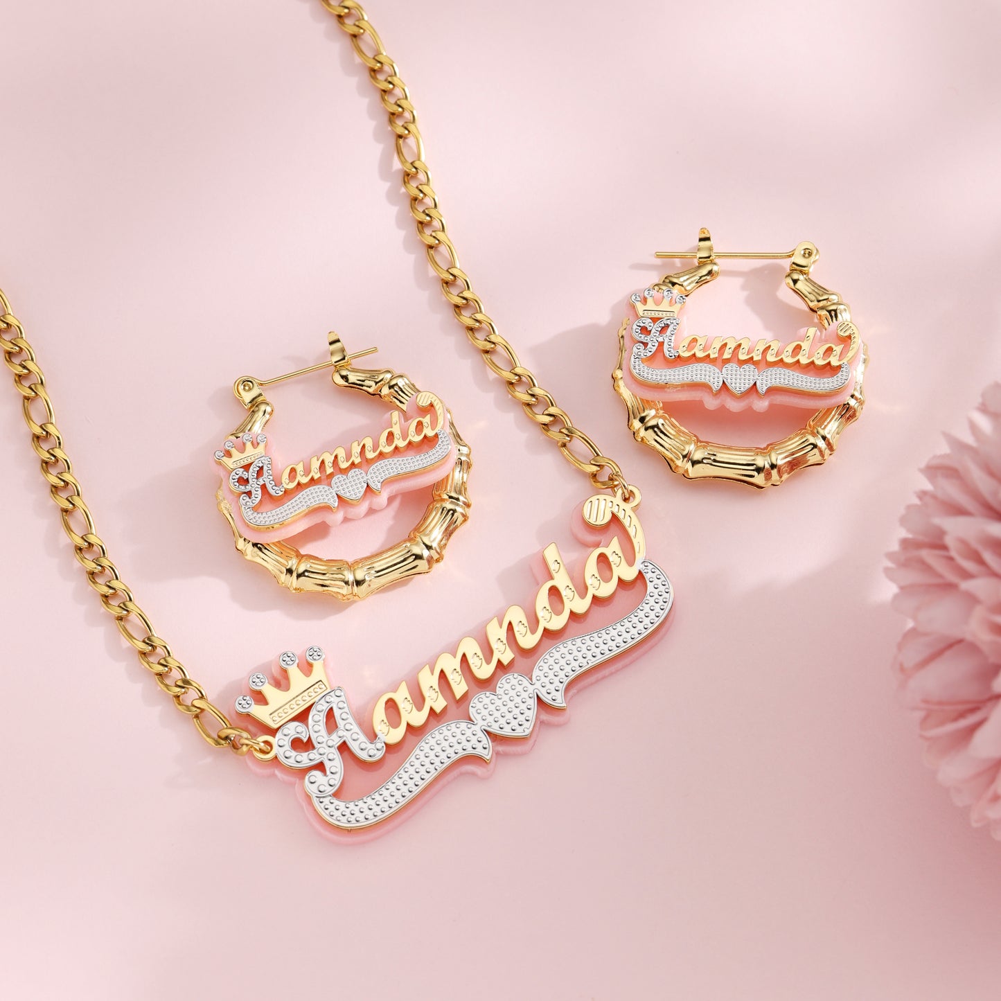 Kid‘s Pink Name Necklace and Hoop Earrings Jewelry Set