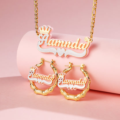 Kid‘s Pink Name Necklace and Hoop Earrings Jewelry Set