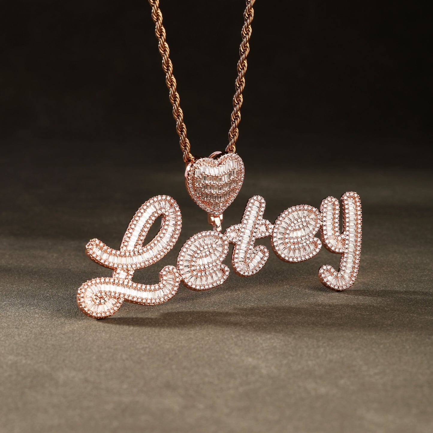 Custom Baguette Cursive Letter Pendant Necklace Rose Gold