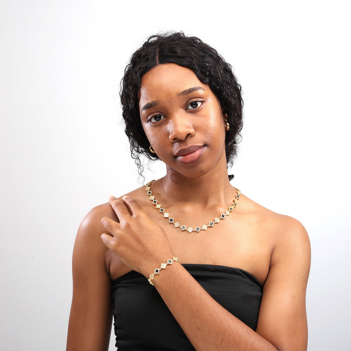 Black Enamel Clover Diamond Gemstone Necklace
