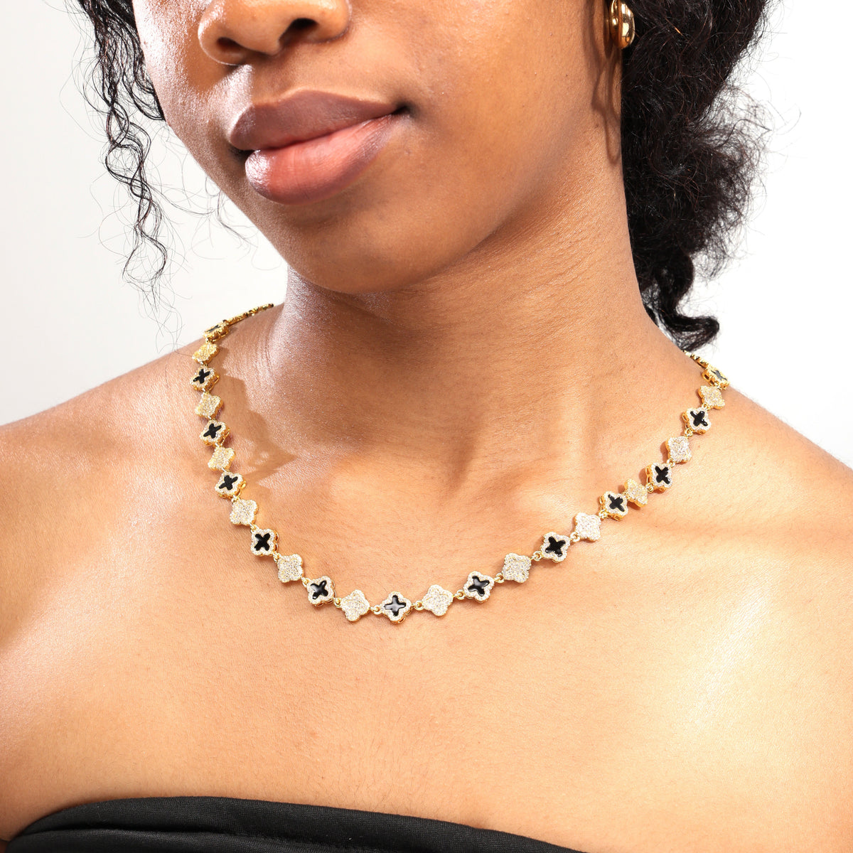 Black Enamel Clover Diamond Gemstone Necklace