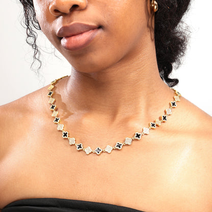 Black Enamel Clover Diamond Gemstone Necklace