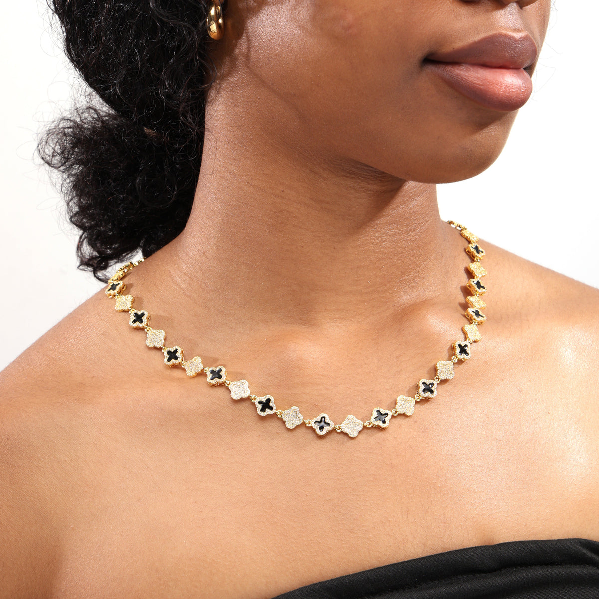 Black Enamel Clover Diamond Gemstone Necklace