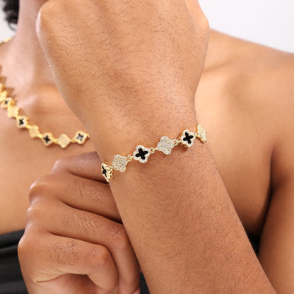 Black Enamel Clover Diamond Gemstone Necklace
