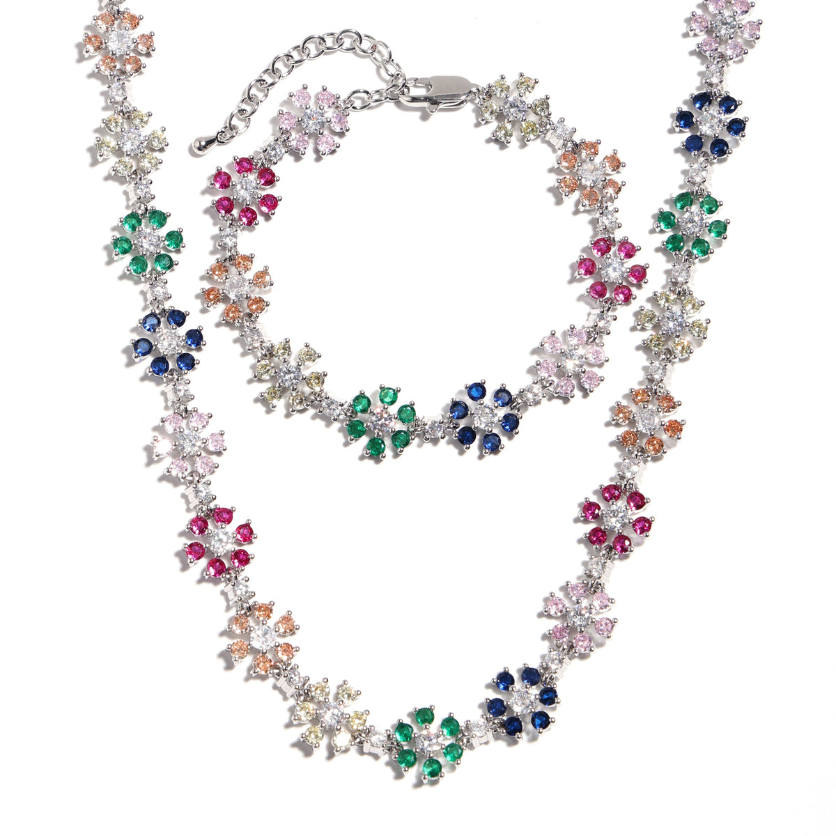 Blooming Sparkle: Colorful Diamond Flower Chain Necklace