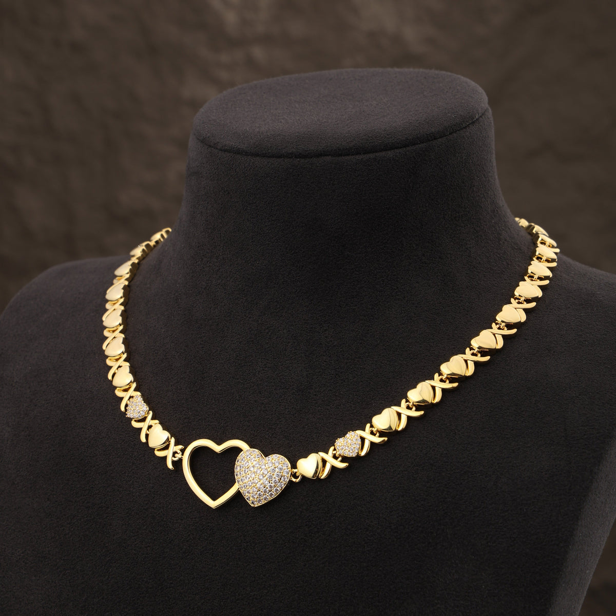 Entwined Hearts XO Chain Necklace: Hollow & Pave Diamond Duo