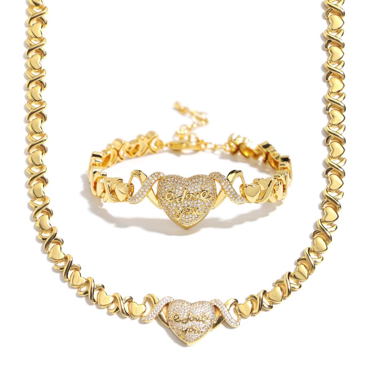 "LOVE YOU" Engraved Heart Pendant Necklace with XO Chain Links