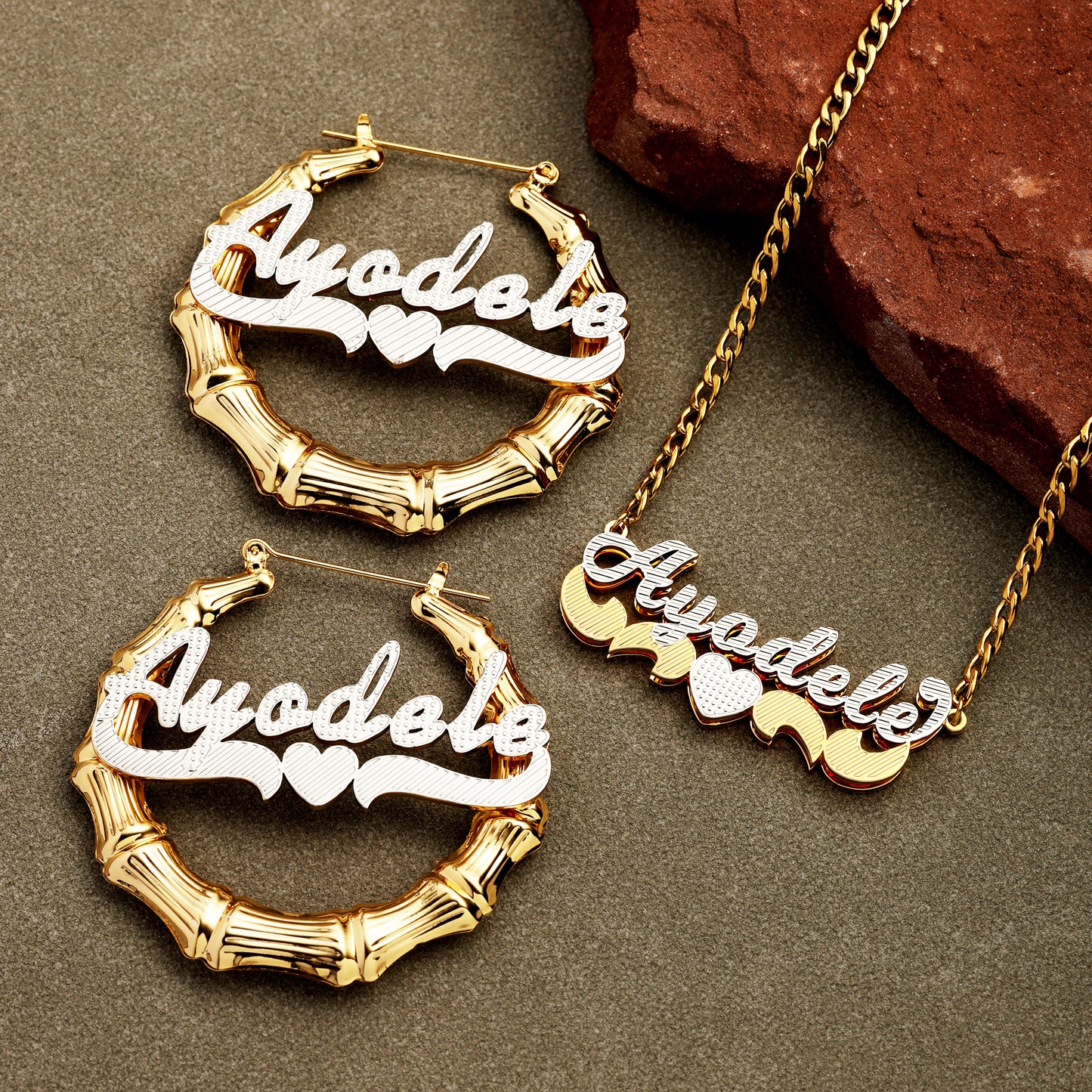 Double Plated Name Necklace and Bamboo Earrings Set