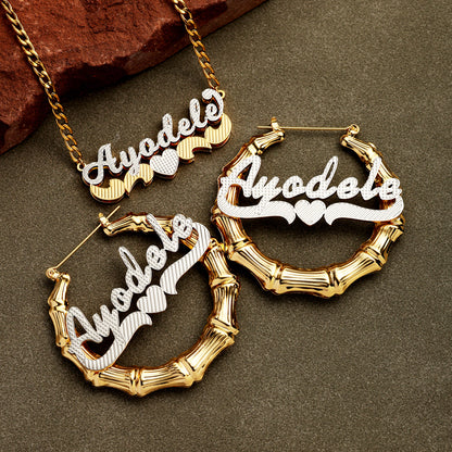 Double Plated Name Necklace and Bamboo Earrings Set