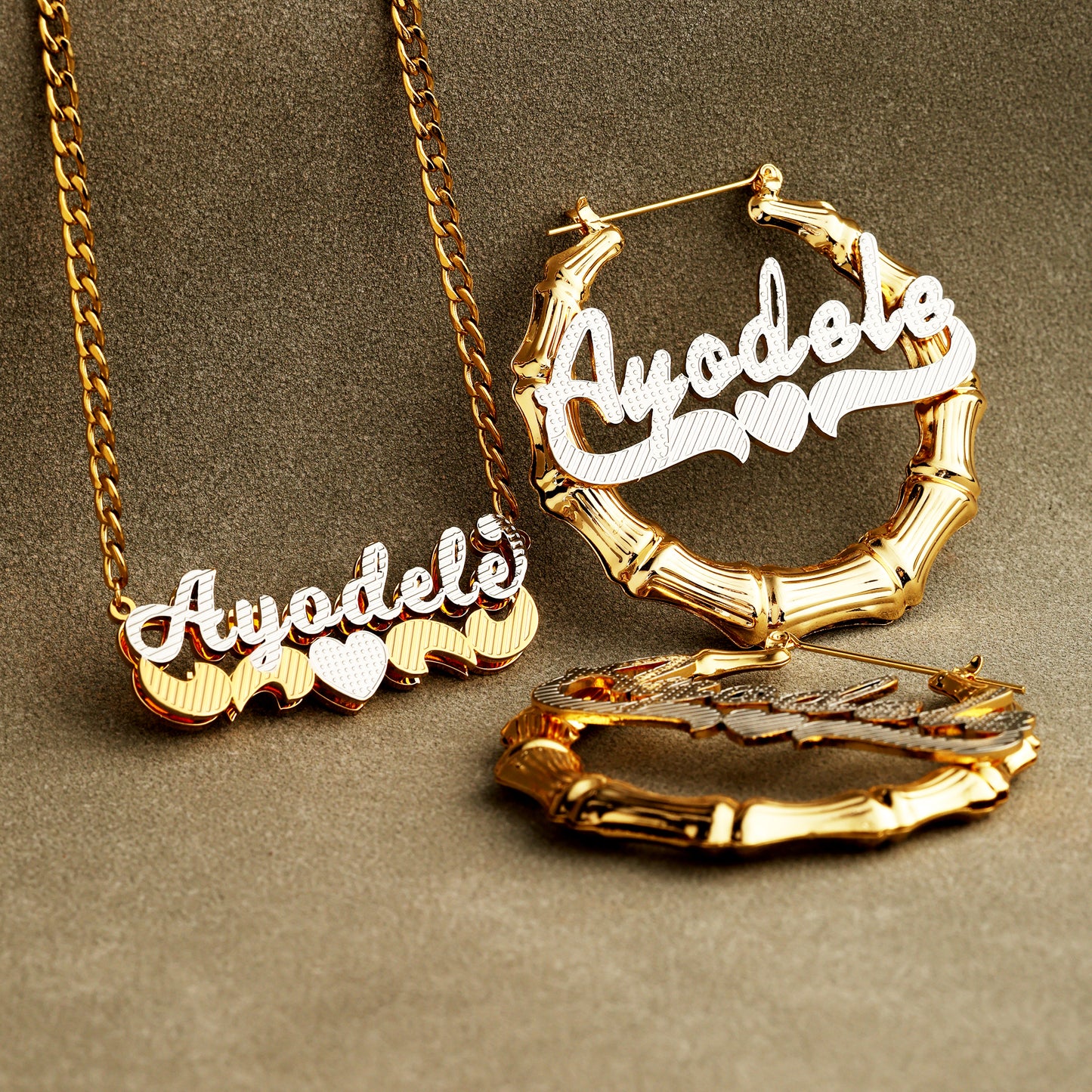 Double Plated Name Necklace and Bamboo Earrings Set