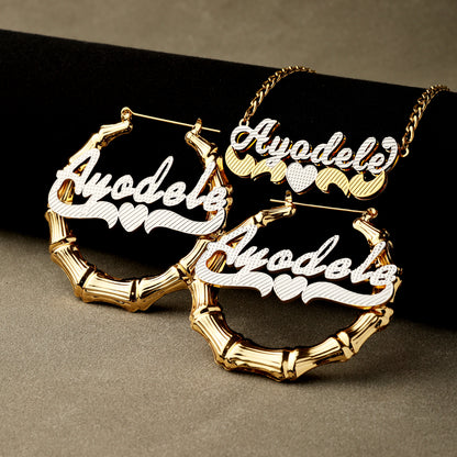 Double Plated Name Necklace and Bamboo Earrings Set