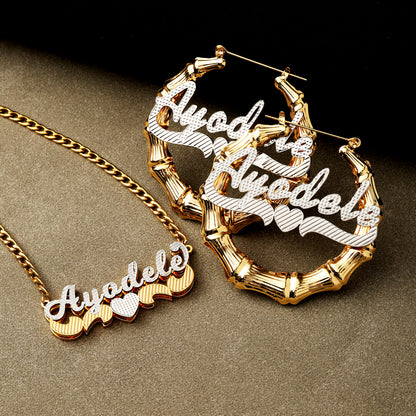 Double Plated Name Necklace and Bamboo Earrings Set