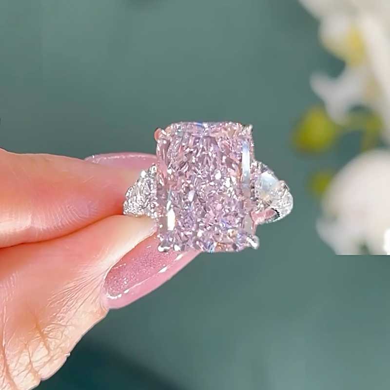 Pink Stone Radiant Cut Three Stone Engagement Ring