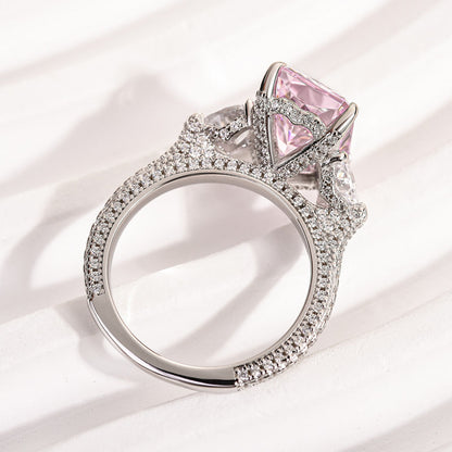 Pink Stone Radiant Cut Three Stone Engagement Ring